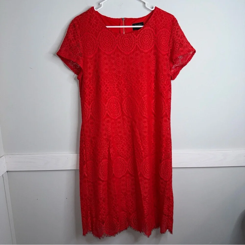 Laundry By Shelli Segal Red Lace Short-Sleeve Shift Dress Laundry By Shelli Segal Red Lace Short-Sleeve Shift Dress